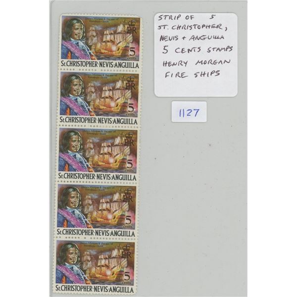 Strip of 5 St. Christopher, Nevis & Anguilla 5 Cents Stamps that depict the Pirate Henry Morgan and 