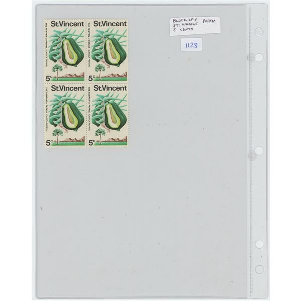 Block of 4 St. Vincent 5 Cents Stamps, that depict the Pawpaw (Papaya). Mint.