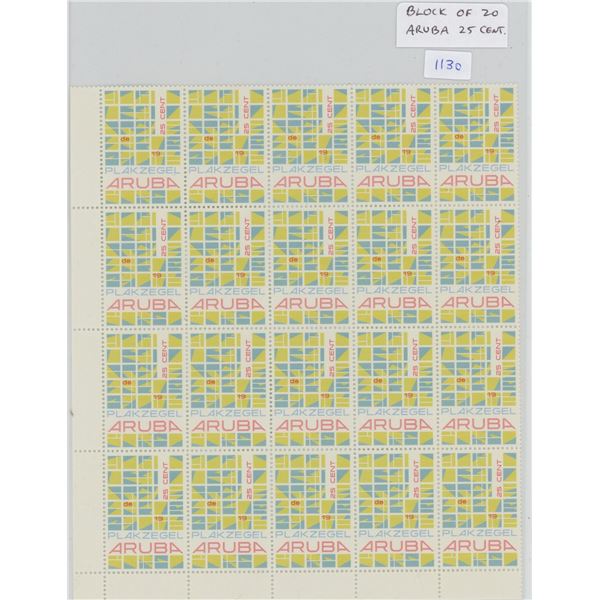 Block of 20 Aruba 25 Cent Stamps. Mint.