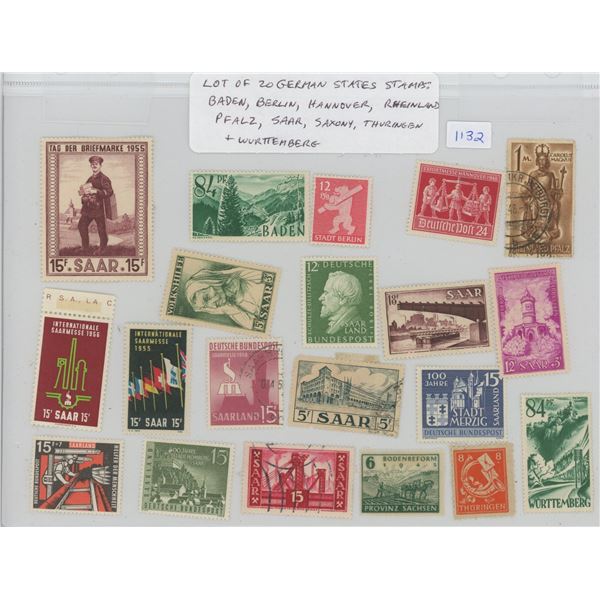 Lot of 20 German States Stamps: Includes Baden, Berlin, Hannover, Rheinland-Pfalz, Saar, Saxony, Thu