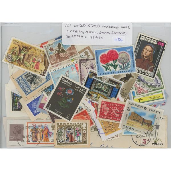 101 World Stamps including Chad, Fujeira, Monaco, Oman, Rwanda, Sharjah, & Yemen.