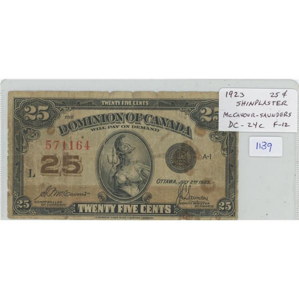 1923 Canadian 25 Cents Shinplaster. McCavour-Saunders signatures. DC-24c. F-12.
