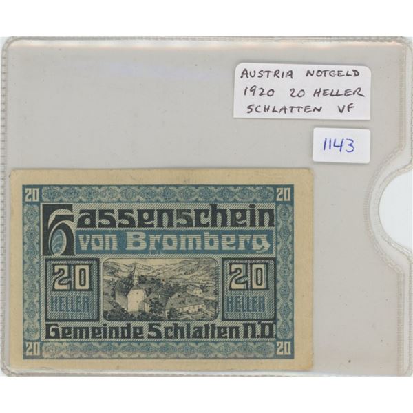 Austria .1920 20 Heller Notgeld (Necessity Money). From Schlatten, Lower Austria. VF.