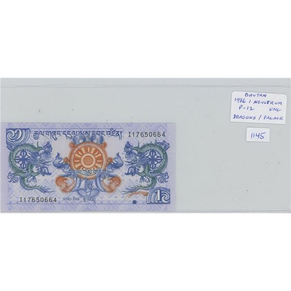 Bhutan. 1986 1 Ngultrum. Dragons/Palace. A beautiful note. P-12. Unc.