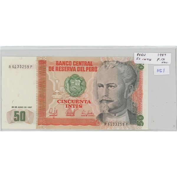Peru. Central Reserve Bank of Peru. 1987 50 Intis. P-131. Unc. Nice.
