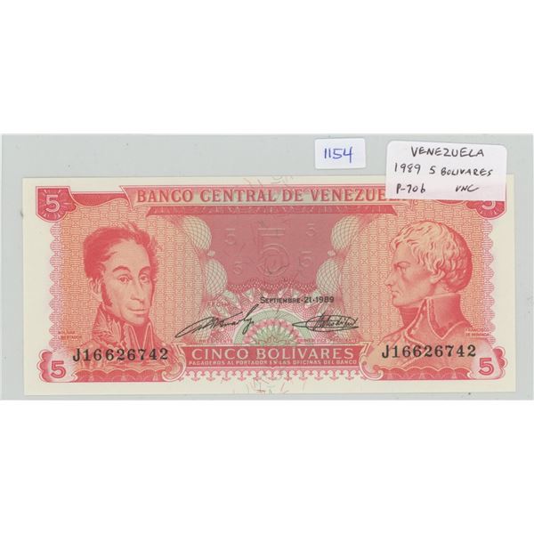 Venezuela. 1989 5 Bolivares. Simon Bolivar/Francisco de Miranda. P-70b. Unc. Nice.