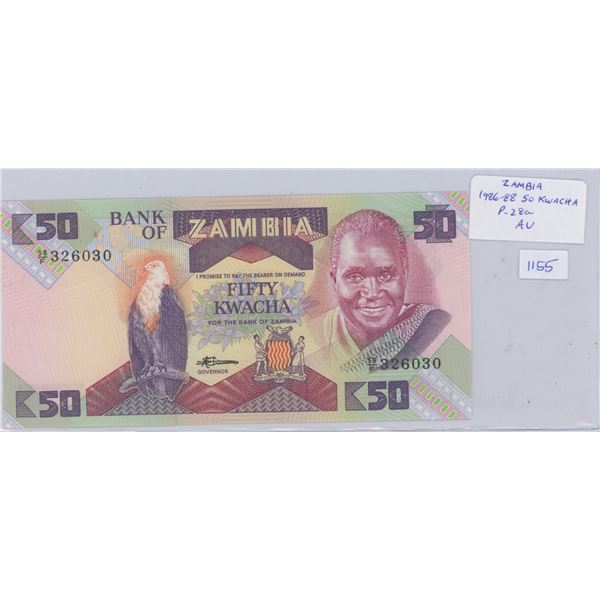 Zambia. 1986-1988 50 Kwacha. Fish Eagle. High Denomination Note. AU. Nice.