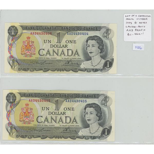 Lot of 2 Consecutive Serial Number 1973 $1 notes. Lawson-Bouey signatures. AAD Prefix. Serial Number