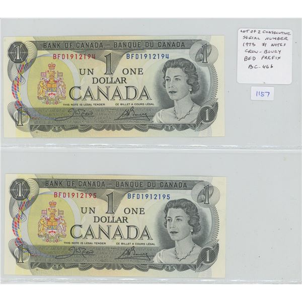 Lot of 2 Consecutive Serial Number 1973 $1 notes. Crow-Bouey signatures. BFD Prefix. Serial Number 1
