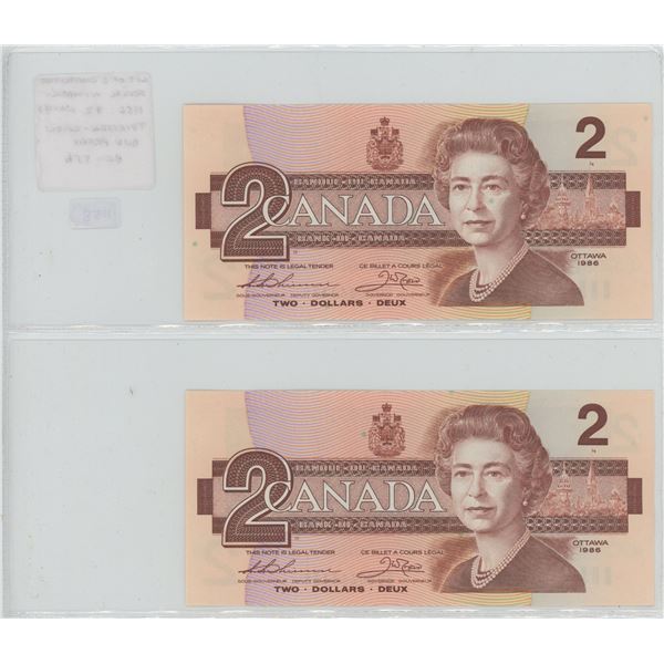 Lot of 2 Consecutive Serial Number 1986 $2 notes. Thiessen-Crow signatures. BUV Prefix. Serial Numbe