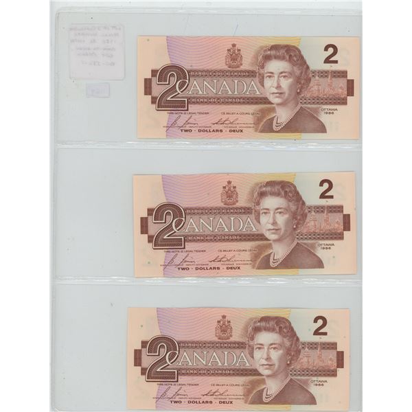 Lot of 3 Consecutive Serial Number 1986 $2 notes. Bonin-Thiessen signatures. EGT Prefix. Serial Numb