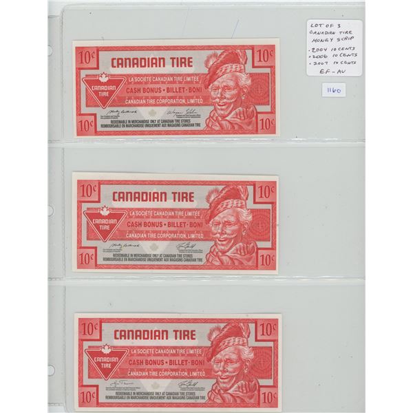 Lot of 3 Canadian Tire Money Scrip. 2004 10 Cents, 2006 10 Cents & 2007 10 Cents. EF-AU.
