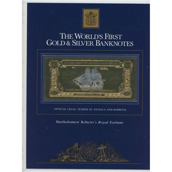 Antigua & Barbuda. The World’s First Gold & Silver Banknotes. $50 legal tender note depicts the pira