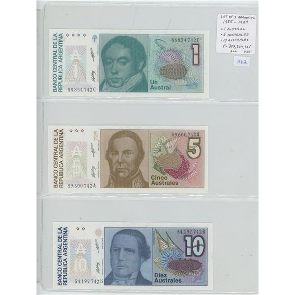 Lot of 3 notes from Argentina. 1985 – 1989 1 Austral, 5 Australes & 10 Australes. P-323, P-324, P-32