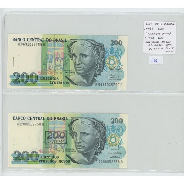 Lot of 2 notes from Brazil. 1989 200 Cruzados & 1990 200 Cruzeiros overprinted in a 200 Cruzados not