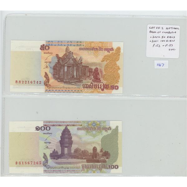 Lot of 2 National Bank of Cambodia notes. 2002 50 Riels & 2001 100 Riels. P-52 & P-53. Unc. Nice.