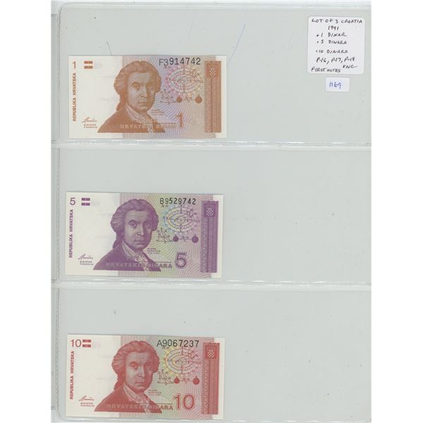 Lot of 3 of the first notes issued for Croatia, former Yugoslavian state. 1991 1 Dinar, 5 Dinara & 1