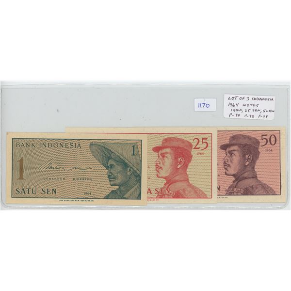 Lot of 3 notes from Indonesia. 1964 set includes 1 Sen, 25 Sen & 50 Sen. P-90, P-93, P-94.