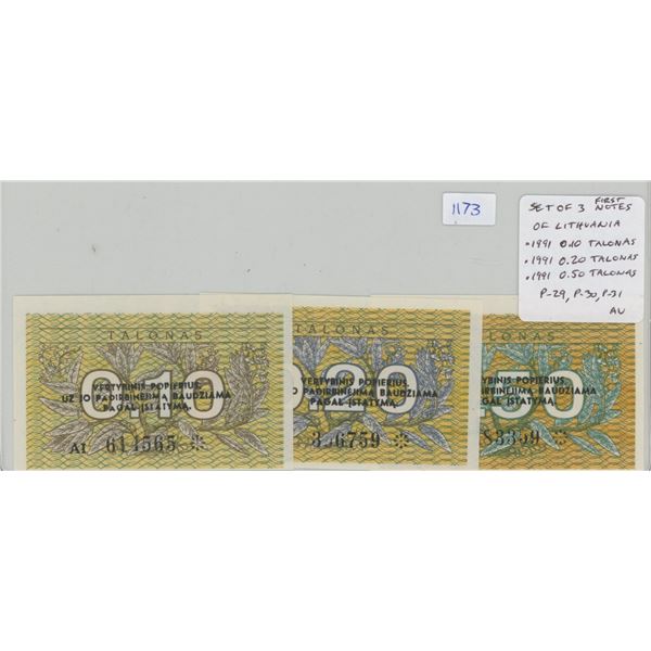 Lot of 3 of the first notes issued by Lithuania, former Soviet Union state and now independent natio