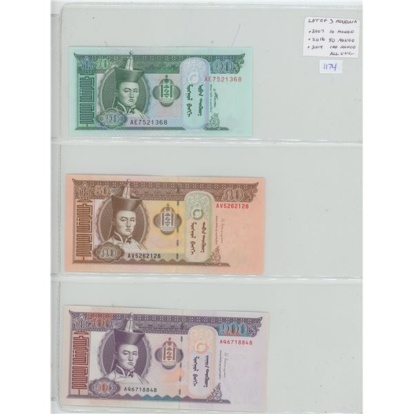 Lot of 3 notes from Mongolia. 2007 10 Tugrik, 2016 50 Tugrik, 2014 100 Tugrik. Himalaya Mountains.  