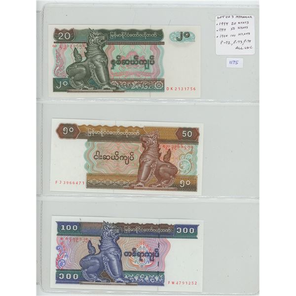 Lot of 3 notes from Myanmar. (Formerly called Burma). 1994 20 Kyats, 50 Kyats, 100 Kyats. P-72, P-73