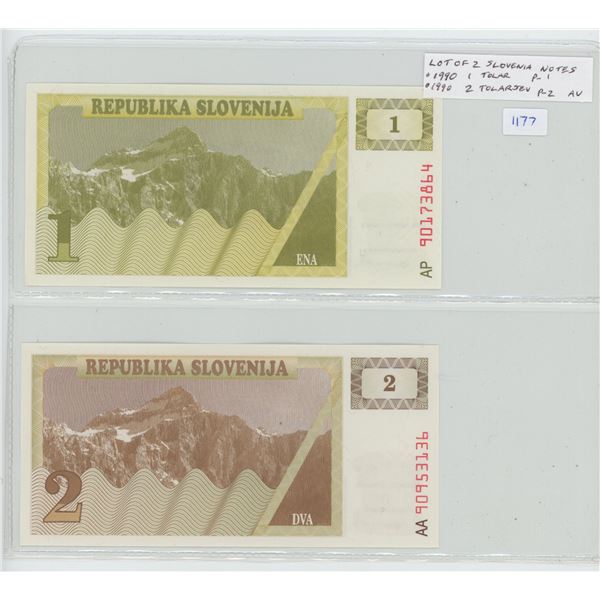 Lot of 2 of the first notes from Slovenia, former Yugoslavian state and now independent nation. 1990