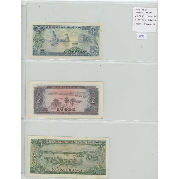 Lot of 3 notes from Viet Nam. 1985 1 Dong (AU), 1980 (81) 2 Dong (VF), 1985 5 Dong (EF).