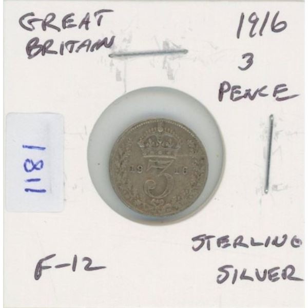 Great Britain. 1916 3 Pence. Sterling Silver. World War I issue. F-12.
