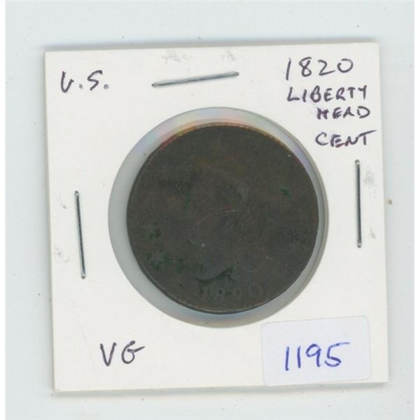 U.S. 1820 Liberty Head Large Cent. VG-8.