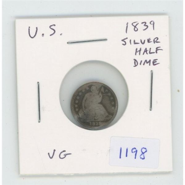 U.S. 1839 Silver Half Dime. VG-8.