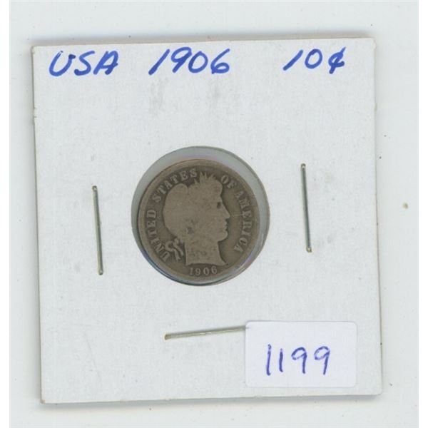 U.S. 1906 Silver Barber Dime. VG-8.