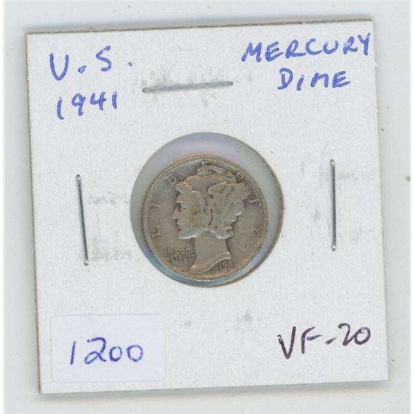 U.S. 1941 Silver Mercury Dime. World War II issue. VF-20.