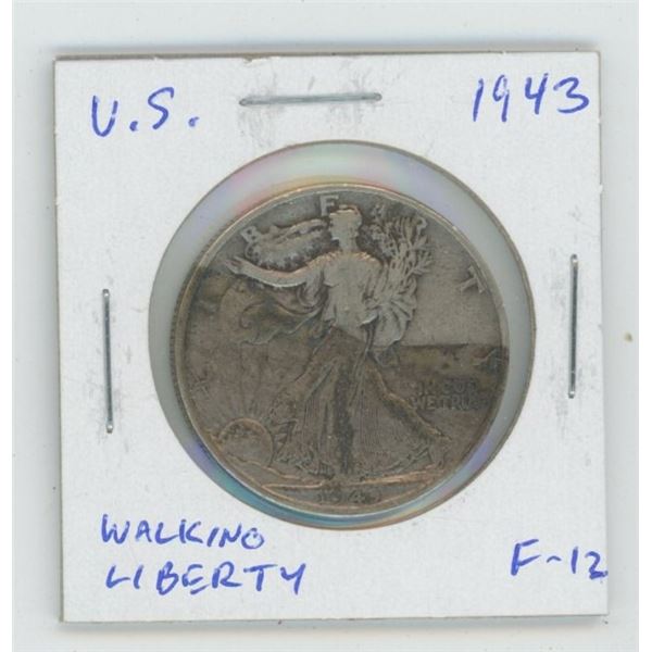 U.S. 1943 Walking Liberty Silver Half Dollar. World War II issue. F-12.