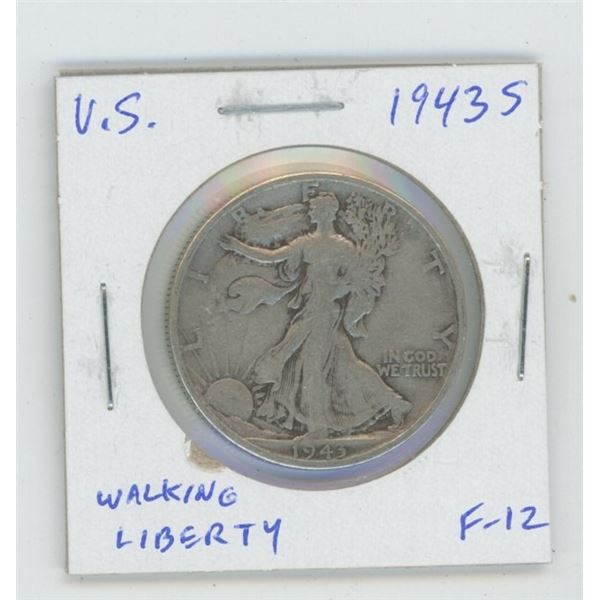 U.S. 1943S Walking Liberty Silver Half Dollar. San Francisco Mint. World War II issue. F-12.