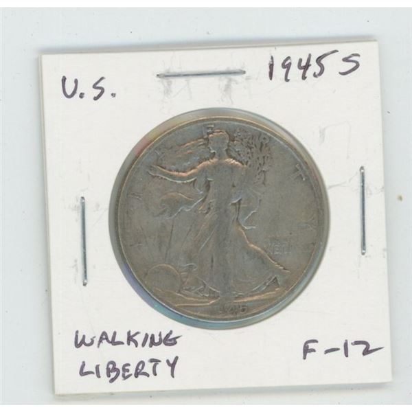 U.S. 1945S Walking Liberty Silver Half Dollar. San Francisco Mint. World War II issue. F-12.