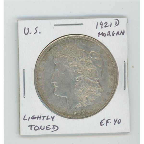 U.S. 1921D Morgan Silver Dollar. Denver Mint. 100th Anniversary of this coin. EF-40. Lightly Toned.