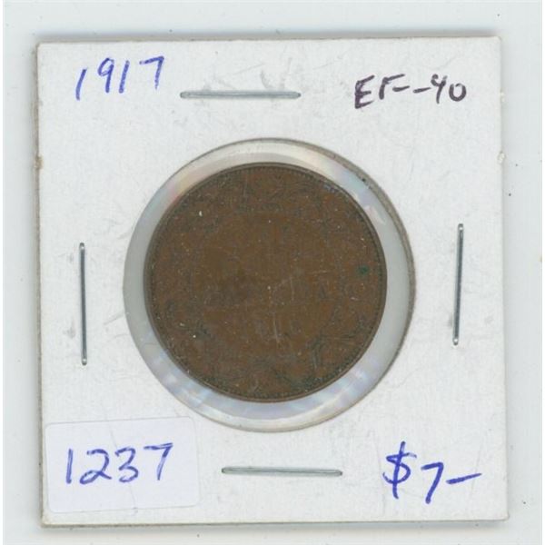 1917 George V Large Cent. EF-40. Nice. World War I issue.