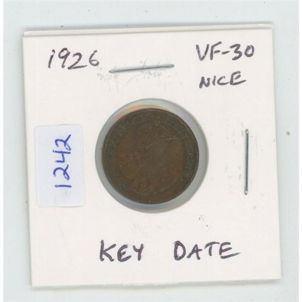 1926 George V Small Cent. VF-30. Key Date. Nice.