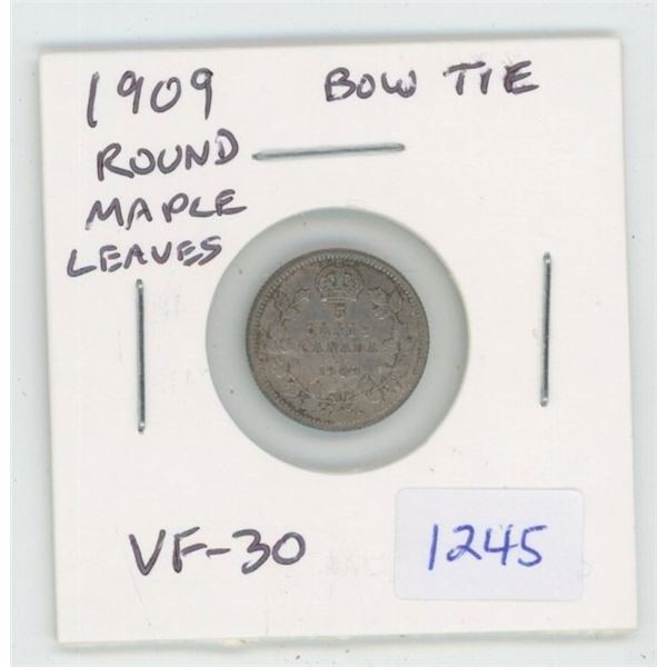 1909 Edward VII Silver 5 Cents. Round Maple Leaves with Bow Tie. VF-30. Nice.
