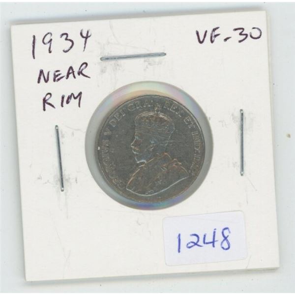 1934 Near Rim Nickel 5 Cents. S is Near Rim. VF-30. Nice.