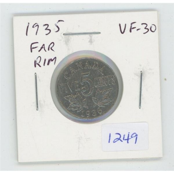 1935 Far Rim Nickel 5 Cents. S is Far from Rim. VF-30. Nice.
