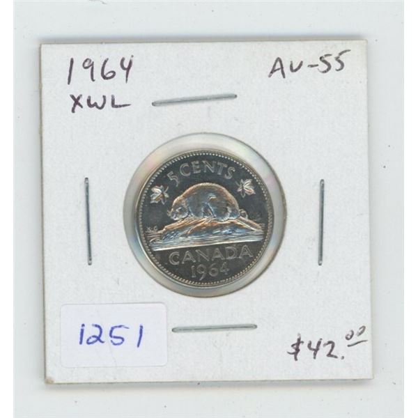 1964 Extra Water Lines Nickel 5 Cents. AU-55. Lustrous. Scarce. Nice.