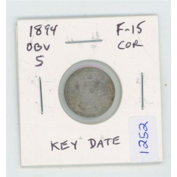 1894 Victorian Silver 5 Cents. Obverse 5. F-15. Corrosion. Key Date. Scarce.
