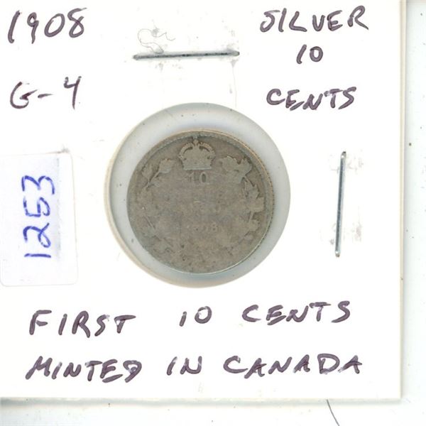 1908 Edward VII Silver 10 Cents. The first 10 cents minted in Ottawa. G-4. Readable Date.