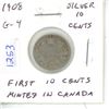 Image 1 : 1908 Edward VII Silver 10 Cents. The first 10 cents minted in Ottawa. G-4. Readable Date.