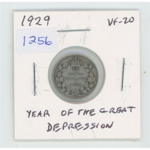 1929 George V Silver 10 Cents. The year of the Great Depression. VF-20. Nice.