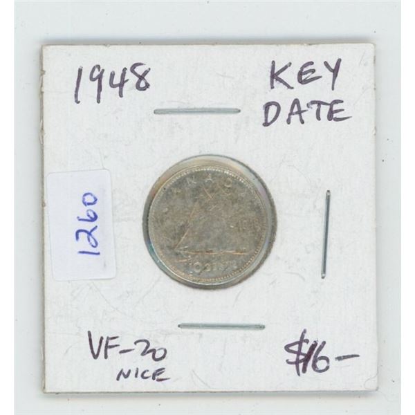 1948 George VI Silver 10 Cents. Key Date. Mintage of 422,741. VF-20. Nice.