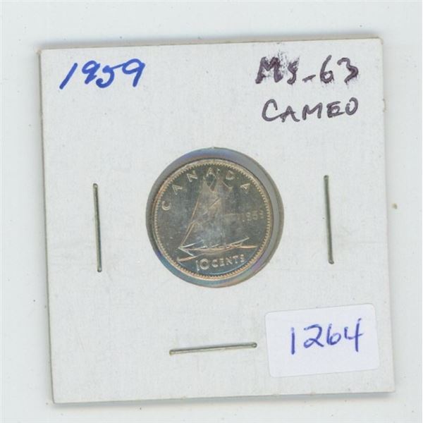 1959 Silver 10 Cents. MS-63. Cameo. Nice.