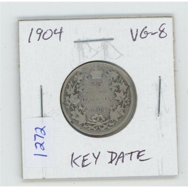 1904 Edward VII Silver 25 Cents. VG-8. Key Date. Mintage of 400,000.