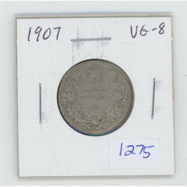 1907 Edward VII Silver 25 Cents. The last 25 cents minted in England. VG-8.